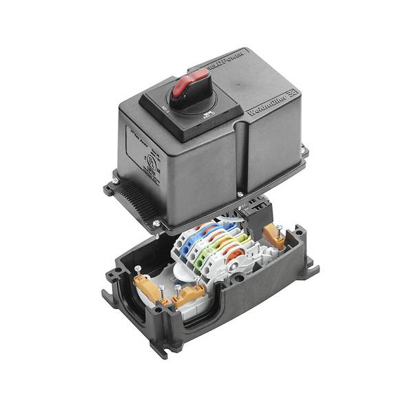 Cutaway of an electrical switch actuator showing the housing, rotary on/off knob, and internal wired terminal block with color-coded connections.