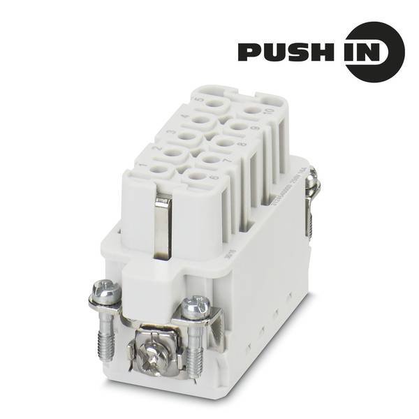 White electrical push-in terminal block connector with multiple wire ports and metal mounting screws on a white background, labeled 'PUSH IN'.