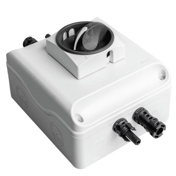 Gray electrical disconnect switch enclosure with a rotary handle on top and cable entry ports on the front and side.