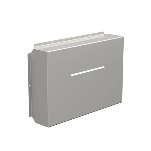 Gray metal wall-mounted electrical enclosure cabinet with a hinged front door and narrow horizontal slot.