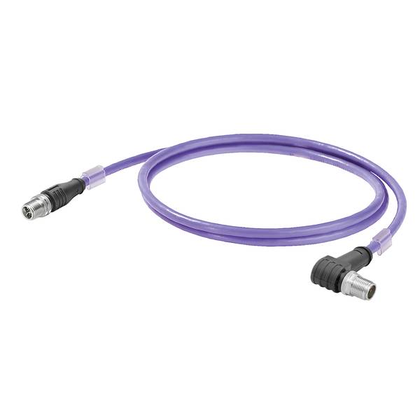 Purple cable with right-angle threaded connectors on both ends, shown coiled on a white background.