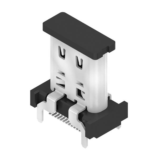 Close-up of a small electronic connector port with a metal housing and black plastic base, shown on a white background.
