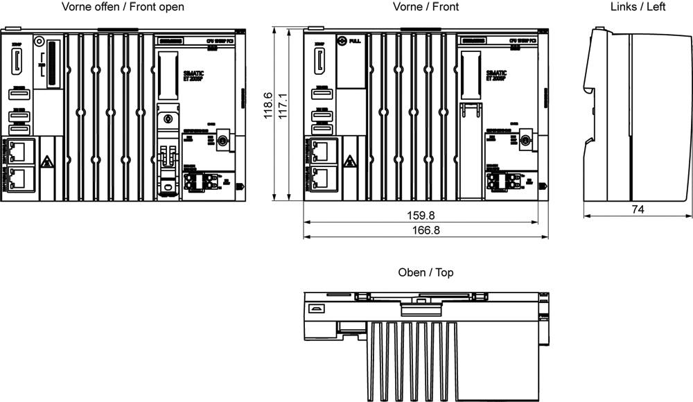 Dessin technique d'un module électronique présenté en vue de face, vue de gauche et vue de dessus avec des dimensions étiquetées 166,8, 159,8, 118,6, 117,1 et 74 mm.