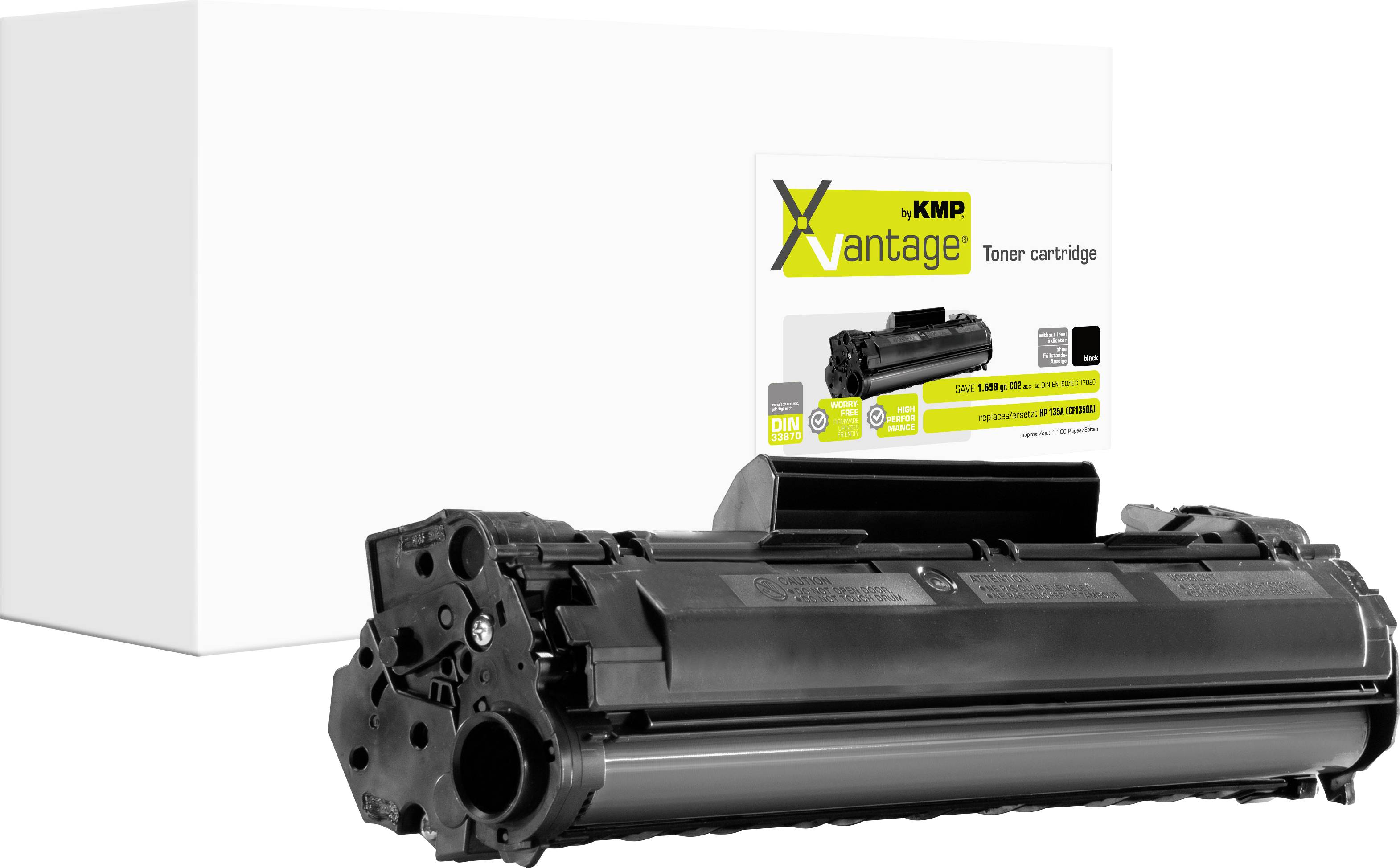 Cartouche de toner noir affichée devant sa boîte de cartouche de toner KMP Vantage blanche sur un fond uni.