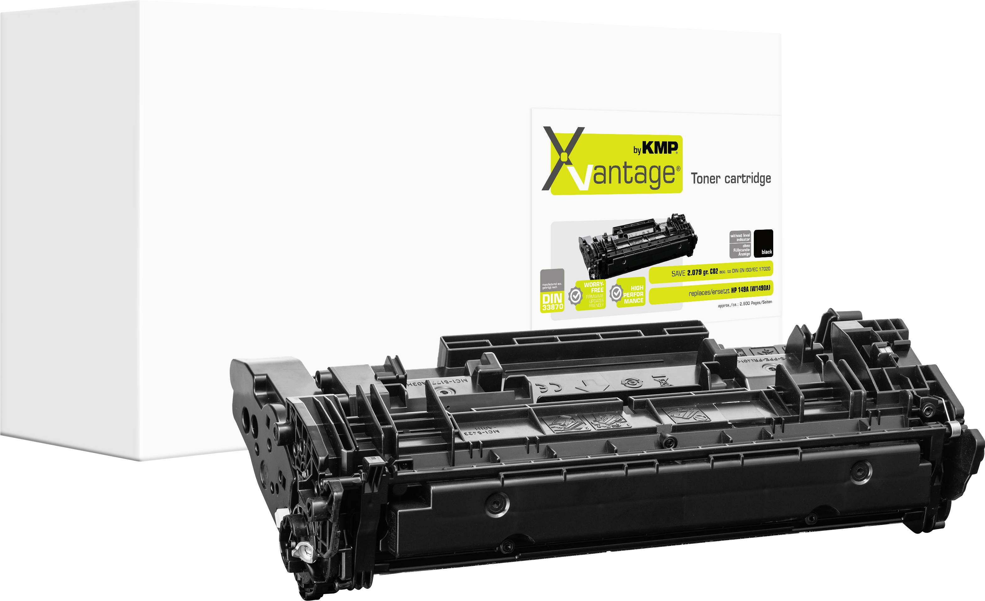 Cartouche de toner noir devant une boîte de cartouche de toner KMP Vantage blanche.