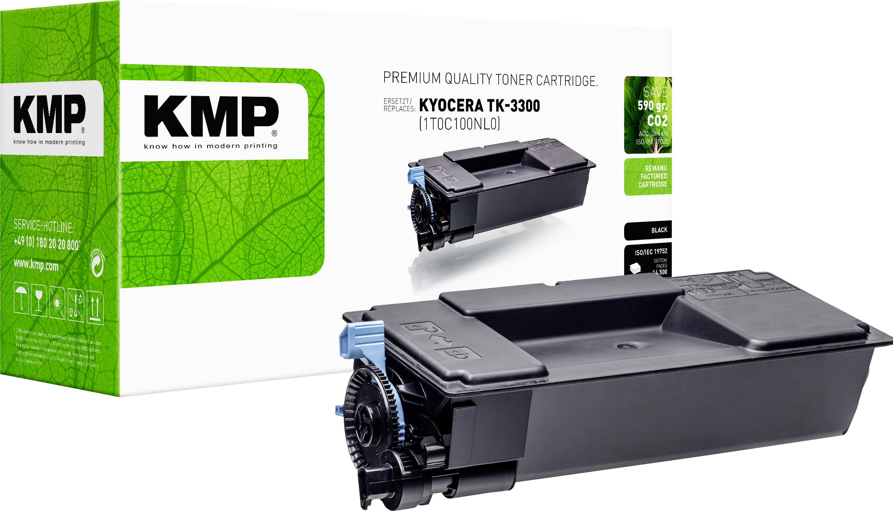 Emballage de marque KMP et deux cartouches de toner noir Kyocera TK-3300 présentées sur un fond blanc, avec étiquetage du produit et comparaison de taille.