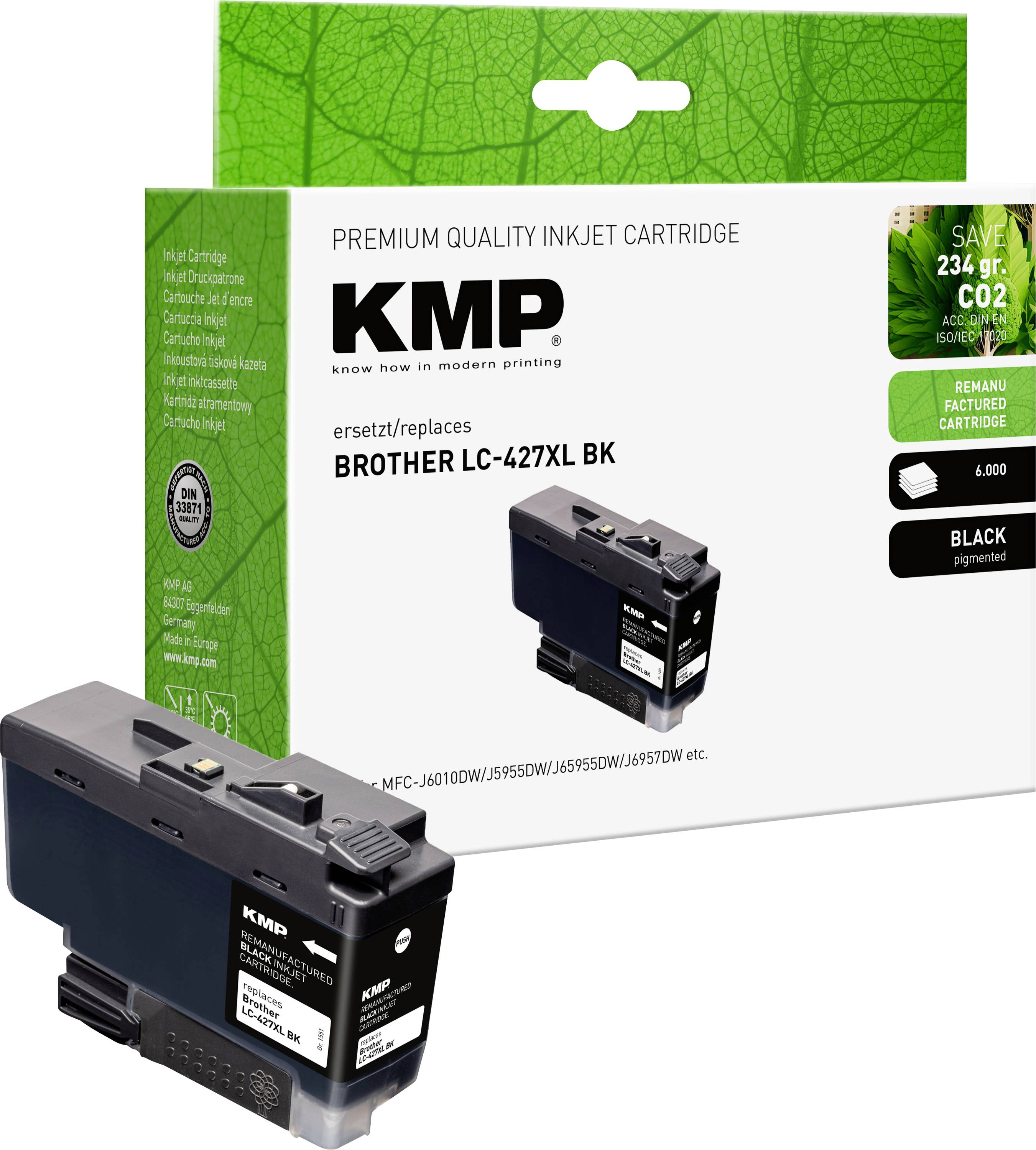 Emballage de cartouche jet d'encre KMP de qualité premium pour Brother LC-427XL BK, présenté avec la cartouche noire et l'étiquette « BLACK ».