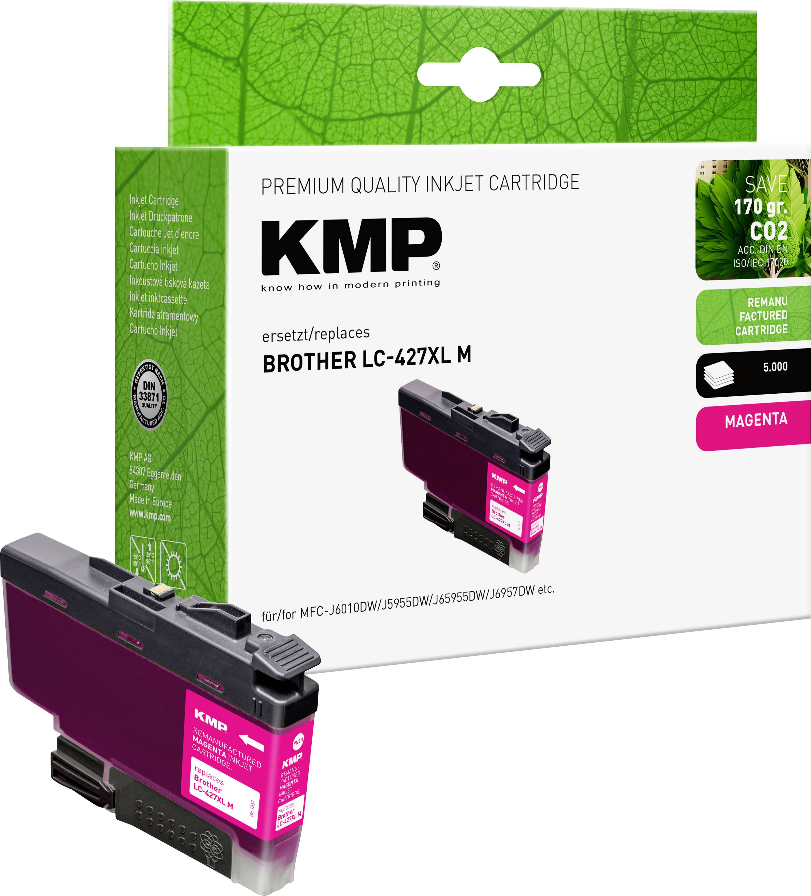 Boîte de cartouche d'encre jet d'encre premium KMP et cartouche de remplacement magenta Brother LC-427XL M, présentée avec image de produit et étiquettes d'économie écologique.