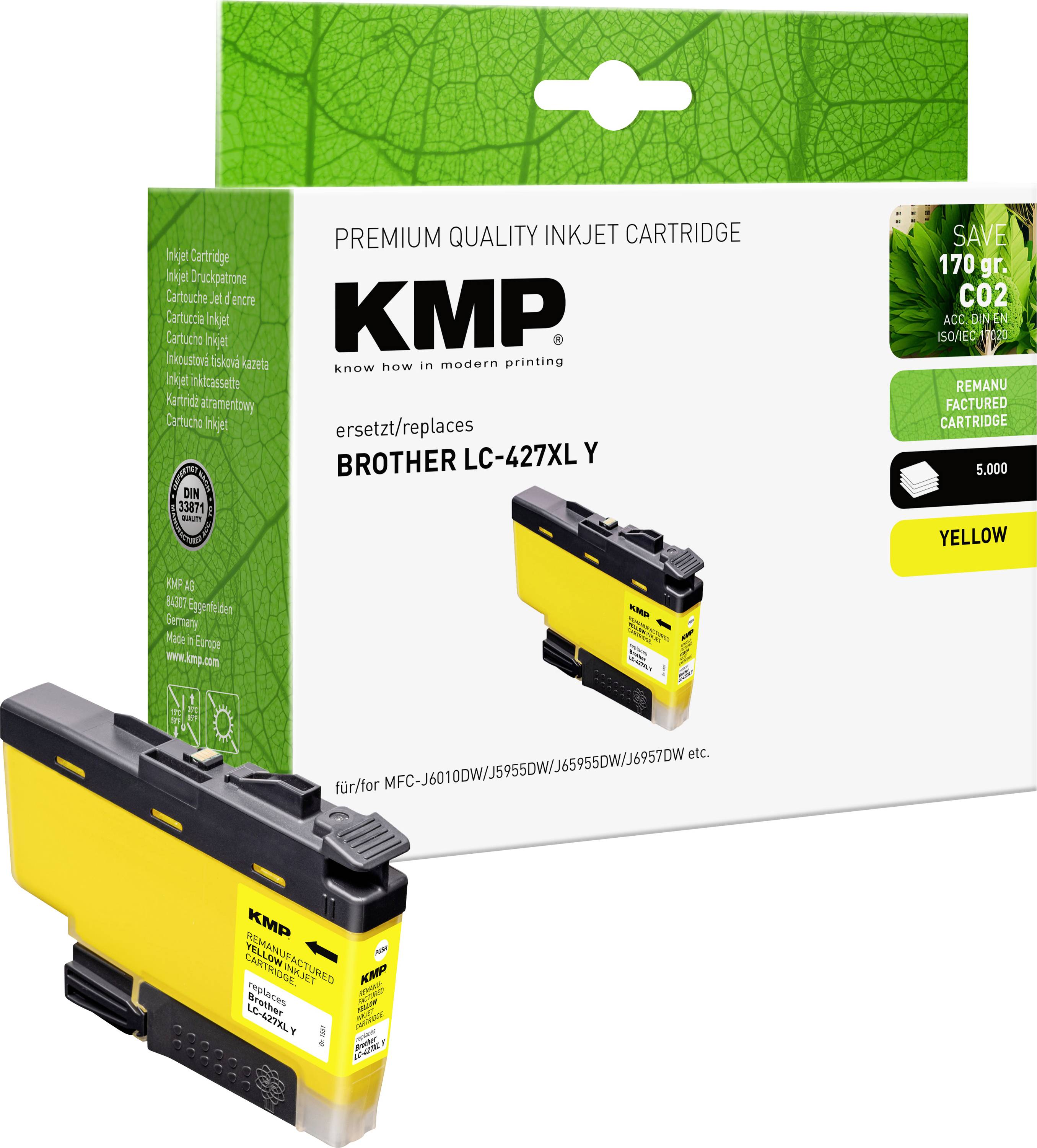 Boîte de cartouche d'encre jaune de qualité premium KMP et cartouche pour imprimantes Brother LC-427XLY, présentée sur fond blanc.
