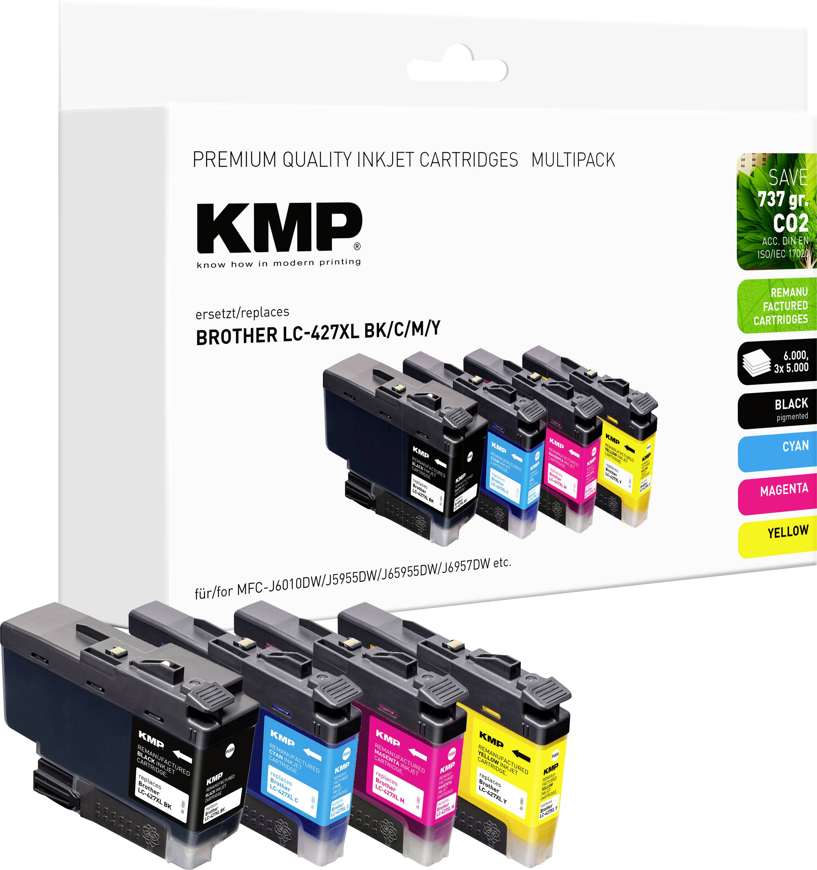 Ensemble pour cartouches d'encre jet d'encre KMP premium pour Brother LC-427XL, montrant les cartouches multipack noir, cyan, magenta et jaune.