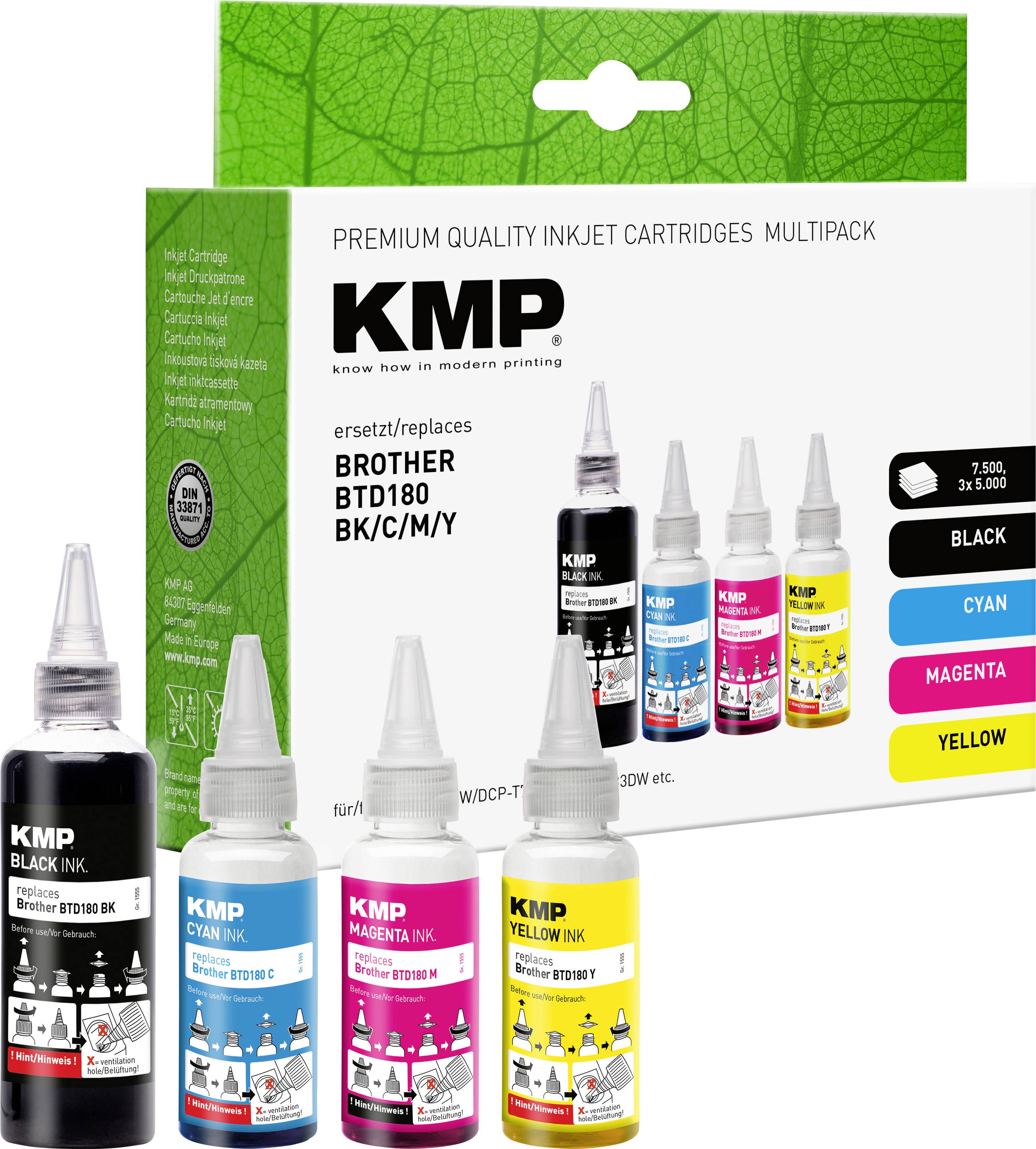 Multipack de cartouches d'encre à jet d'encre premium KMP pour Brother BTD180, montrant les bouteilles d'encre de remplacement noire, cyan, magenta et jaune et l'emballage.