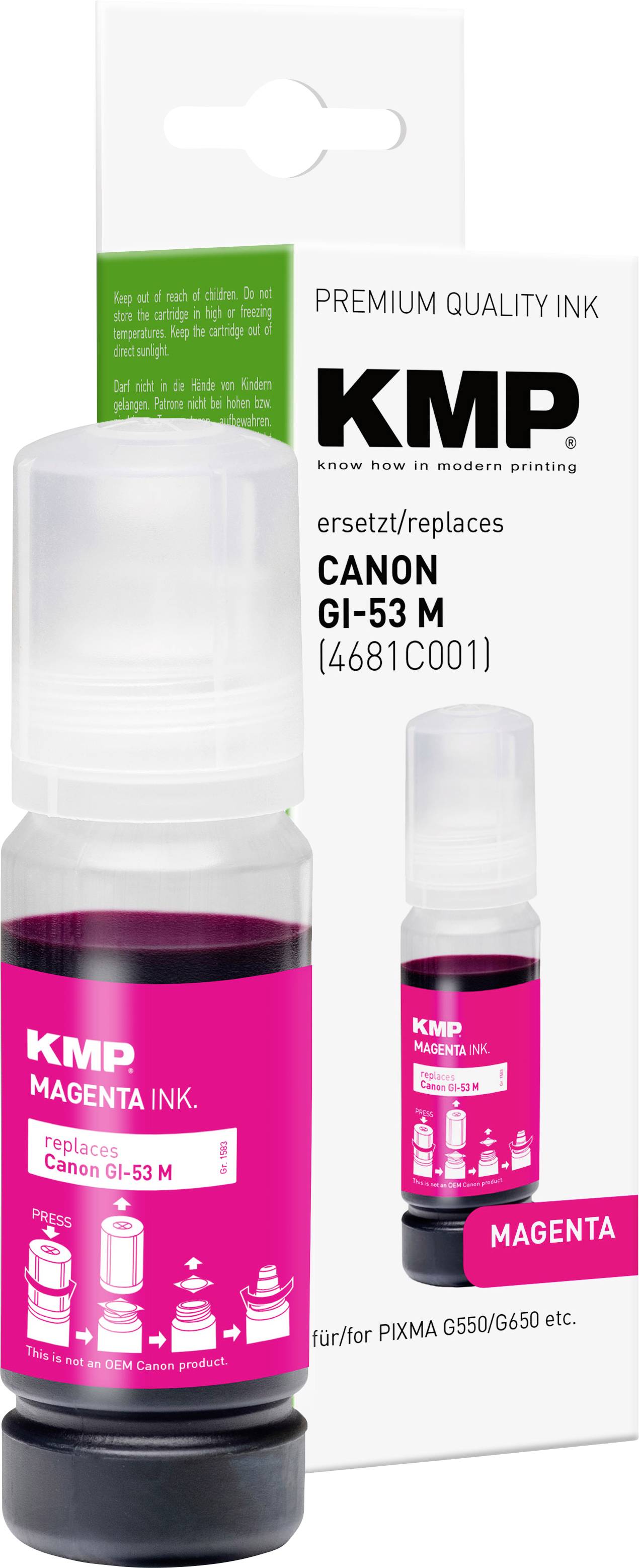 Flacon d'encre magenta KMP et boîte pour Canon GI-53 M, étiqueté encre de qualité premium et remplacement pour Canon GI-53 M (4681C001).