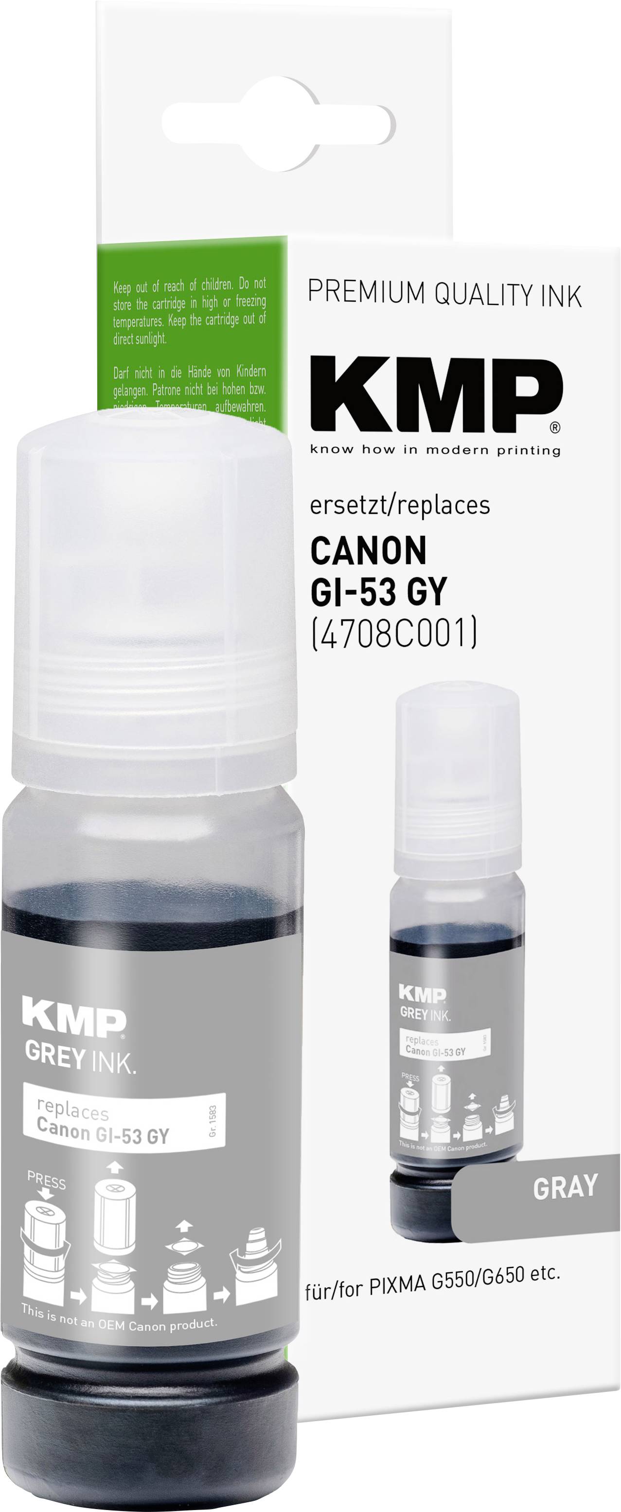 Bouteille d'encre grise de qualité premium KMP et boîte de remplacement pour Canon GI-53 GY, présentée avec son emballage de produit.