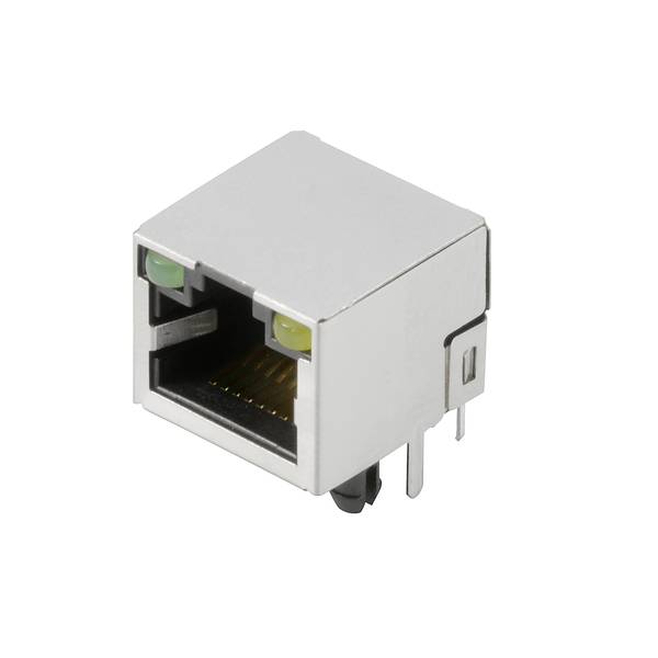 Connecteur prise Ethernet RJ45 métallique avec deux LED indicatrices sur fond blanc