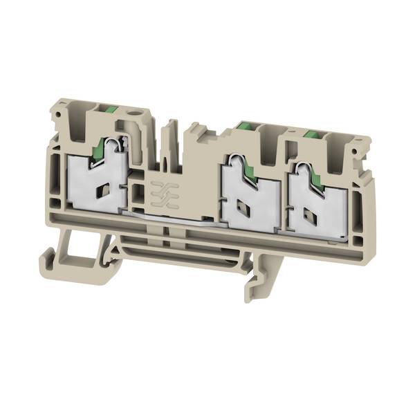 Bloc de bornes électriques beige avec trois connecteurs à ressort, présenté en vue écorchée sur fond blanc.