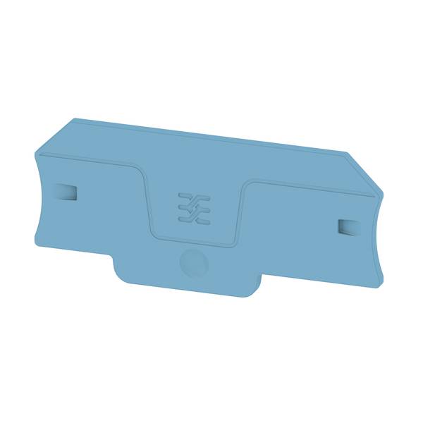 Blue rectangular plastic clip or cover with a central logo and two side slots, shown on a white background.