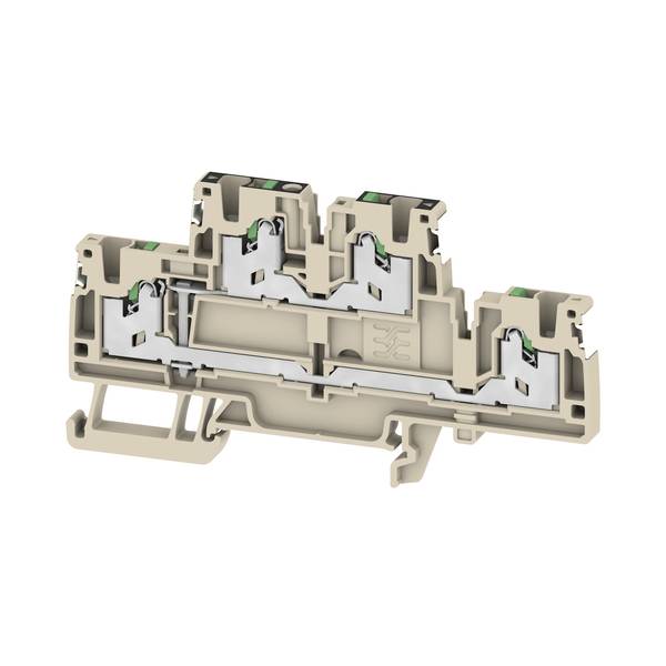Cutaway view of a beige electrical terminal block with multiple wire clamp chambers and mounting base, shown on a white background.