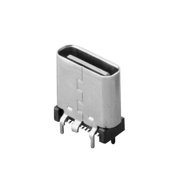 Close-up of a USB-C female port connector with metal housing and mounting pins on a white background.