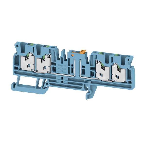 Blue electrical terminal block with four spring-clamp connection points and an orange release tab, shown in cutaway view.