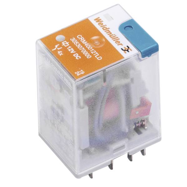 Transparent Weidmuller electrical relay with orange top label, showing a 24V DC industrial control component with visible metal pins.