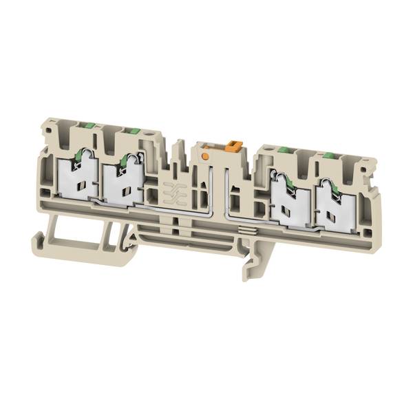 Beige electrical terminal block with four wire clamp connections, shown in cutaway view on a white background.