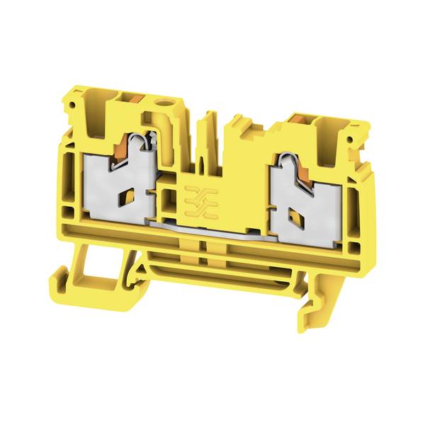 Yellow electrical terminal block connector with two metal clamp contacts in a plastic housing, shown on a white background.