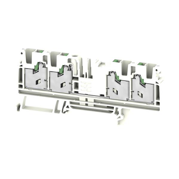 Cutaway view of a small plastic electrical connector housing with multiple metal contact slots and mounting tabs.