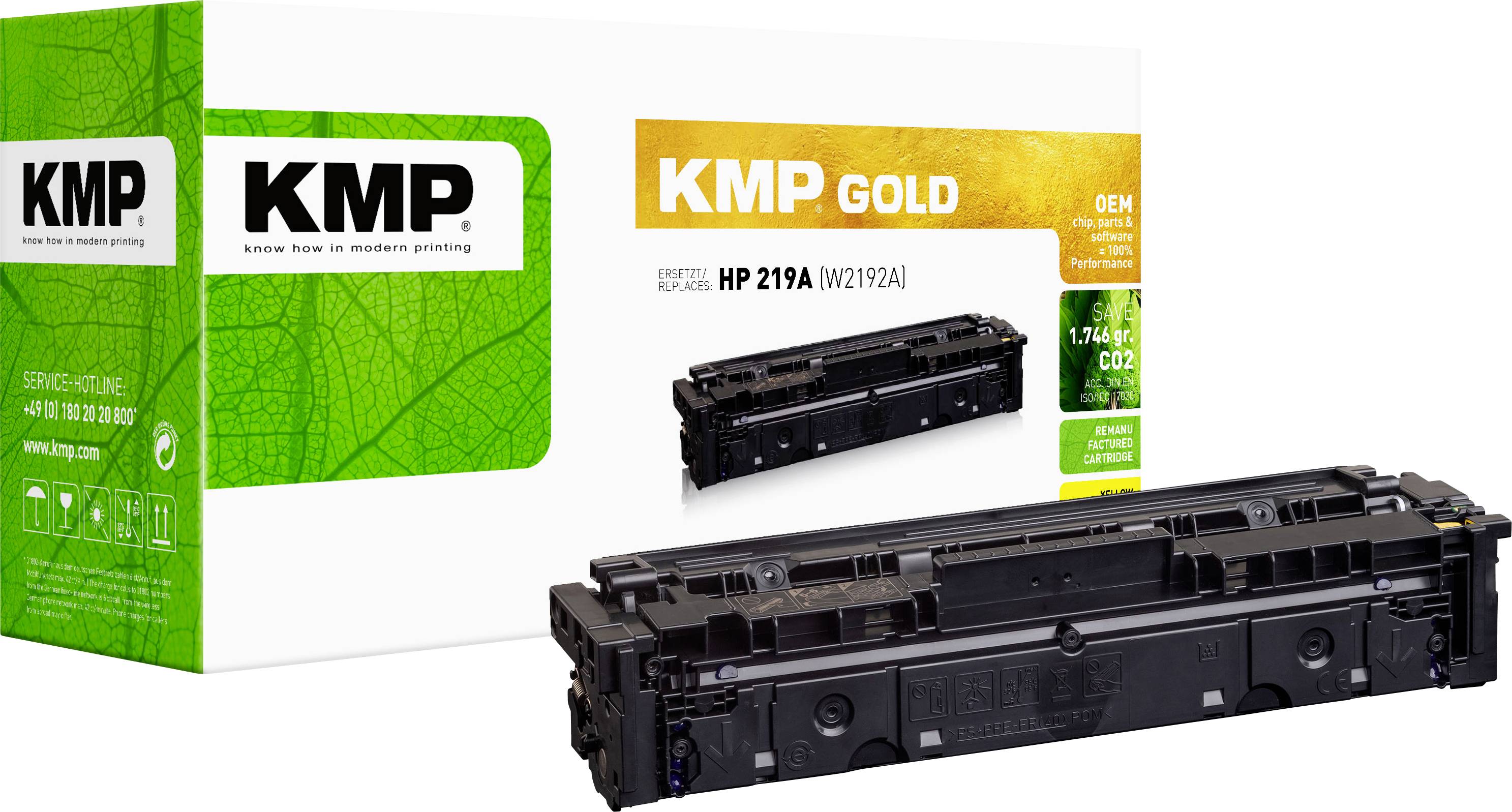 Cartouche de toner noir KMP Gold HP 219A présentée avec sa boîte de produit, emballage aux couleurs vert et or visible.