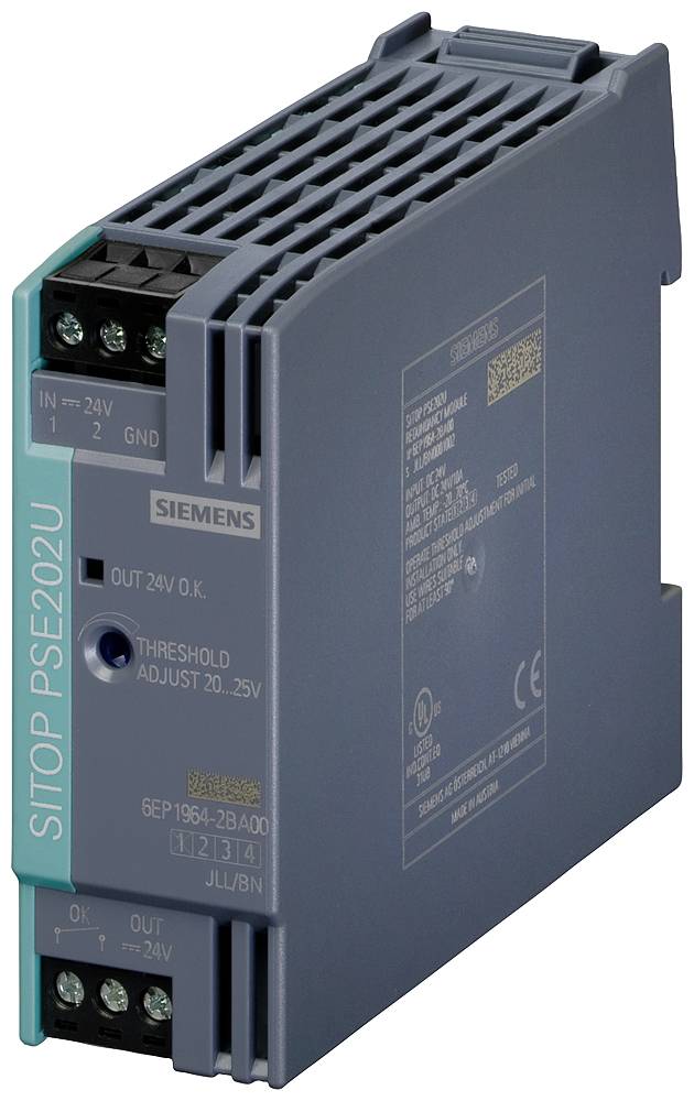 Module d'alimentation électrique Siemens SITOP PSU202U sur rail DIN, entrée et sortie 24V avec connexions à bornes et cadran d'ajustement de seuil.