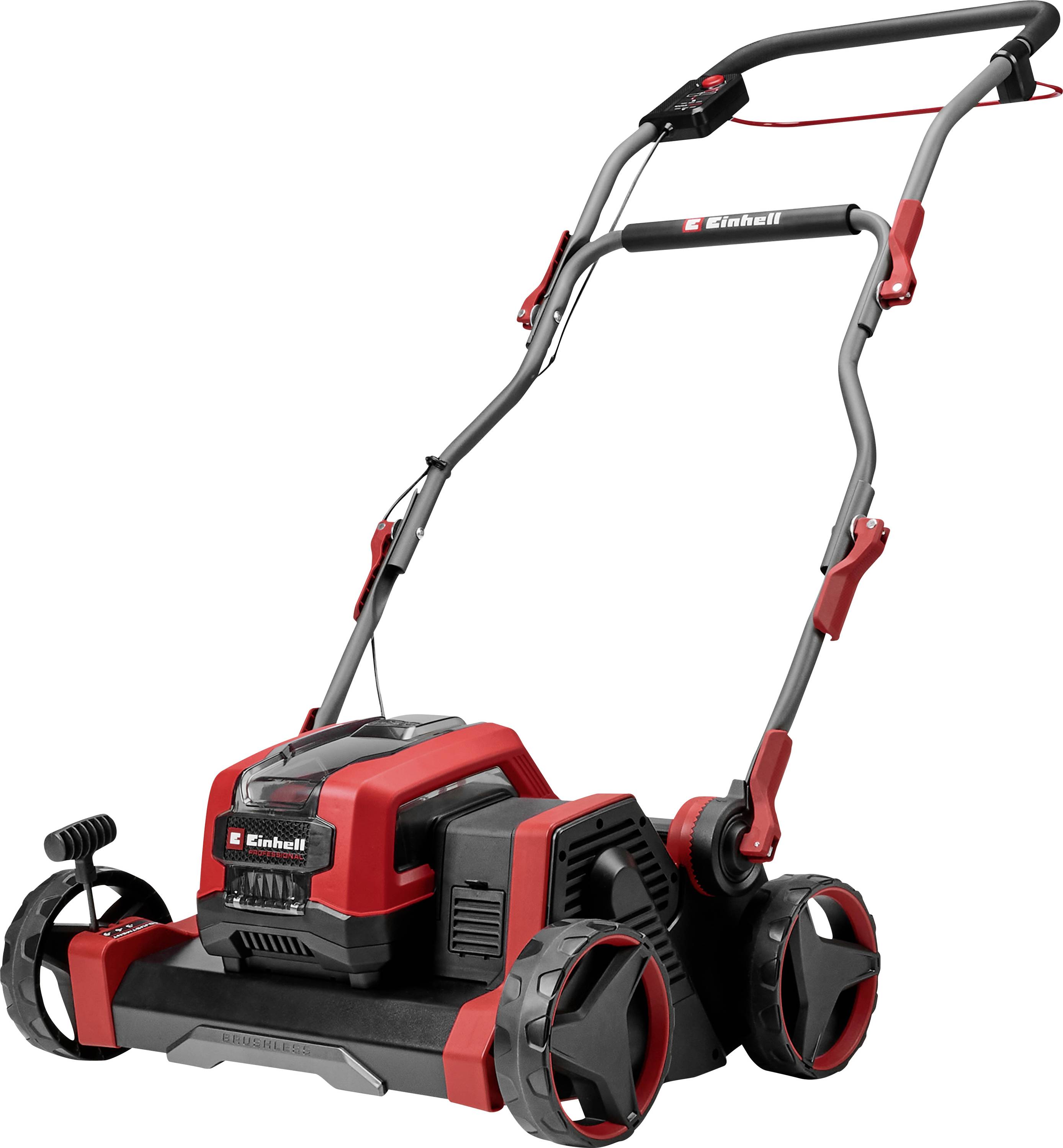 Un tondeuse à gazon Einhell rouge et noire avec de grandes roues et une poignée haute, présentée sur un fond blanc.