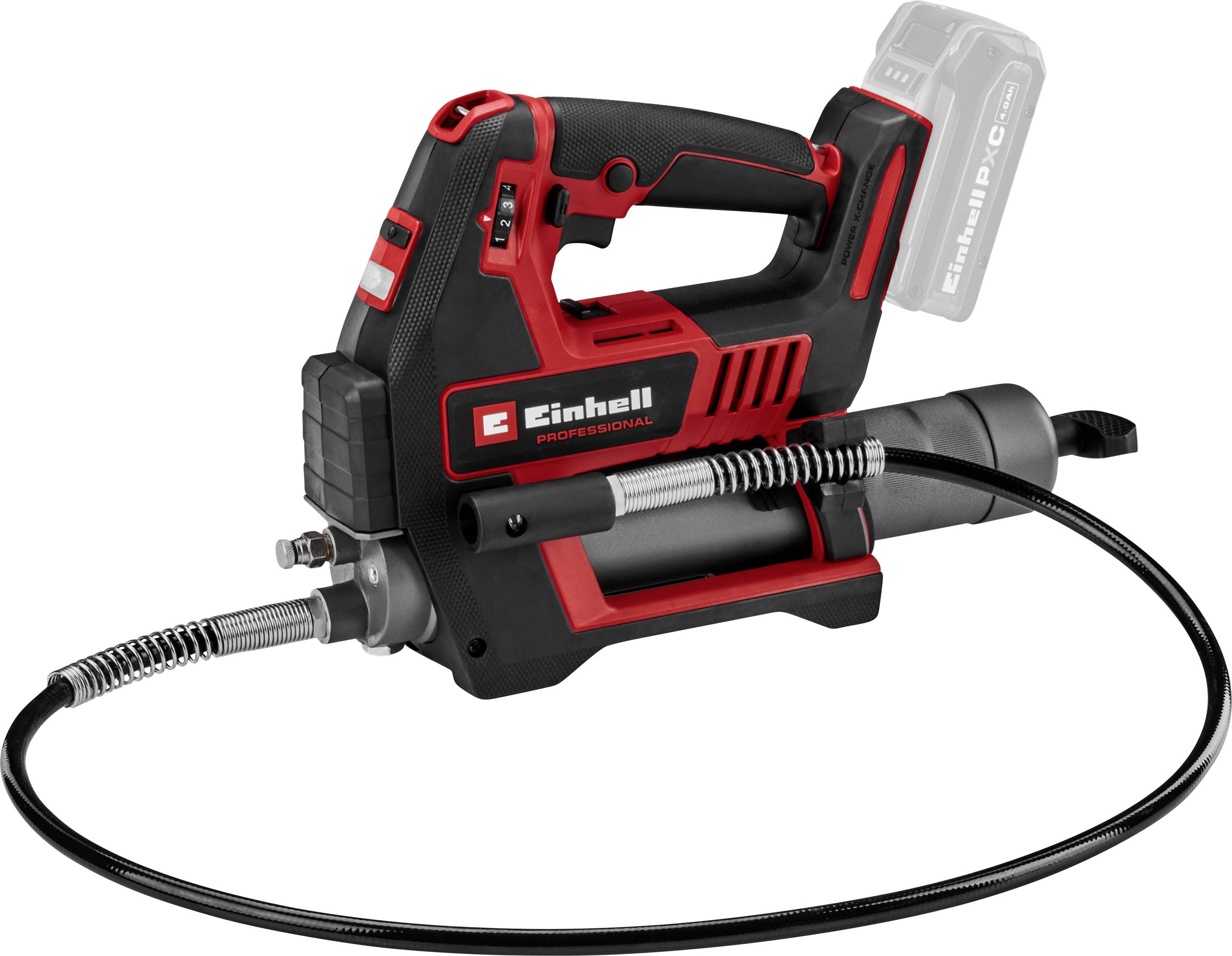 Gonfleur sans fil Einhell portable avec poignée, tuyau d'air flexible et batterie amovible.