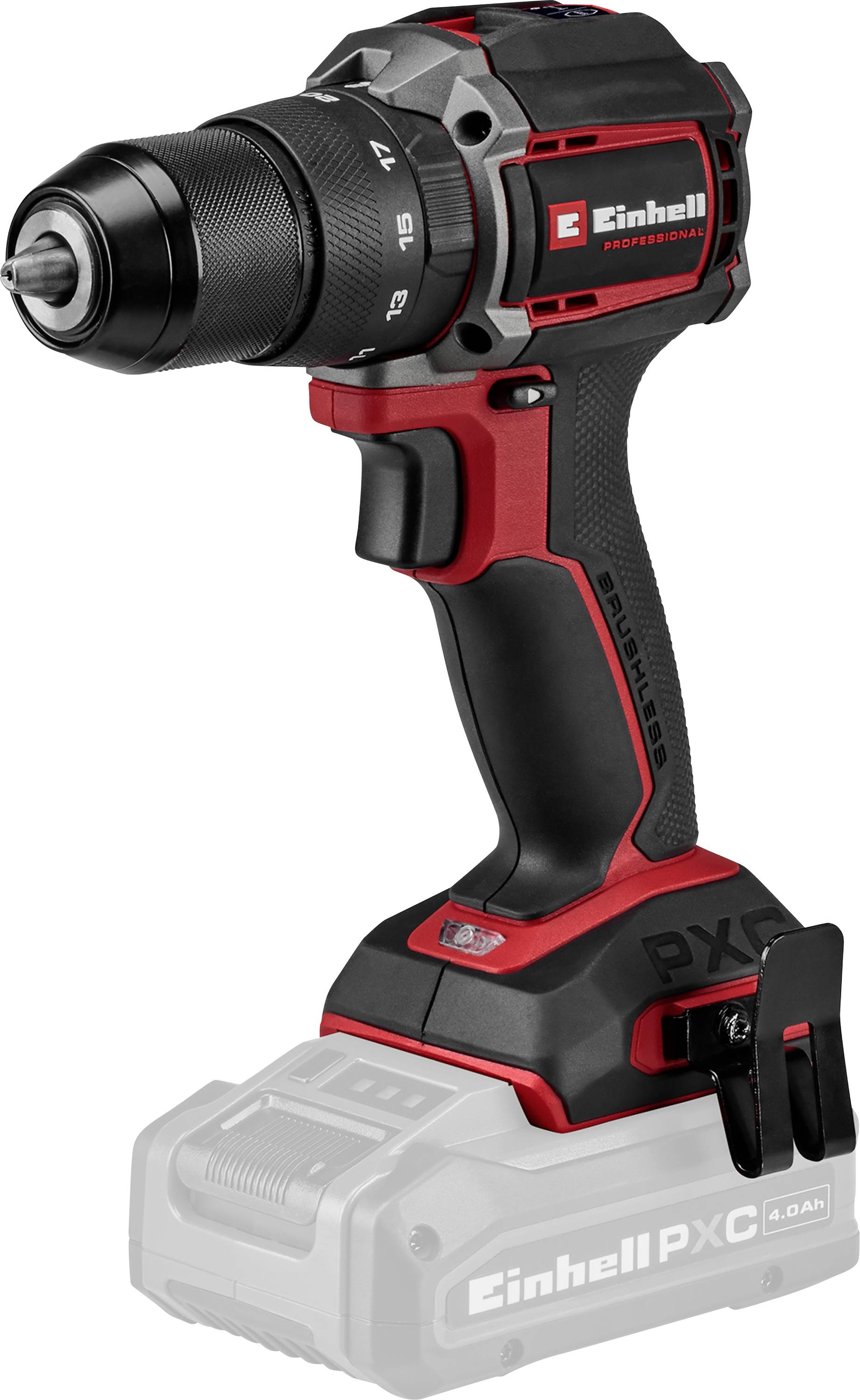 Perceuse-visseuse sans fil Einhell avec corps noir et rouge, présentée en angle sur un fond blanc avec une base de batterie