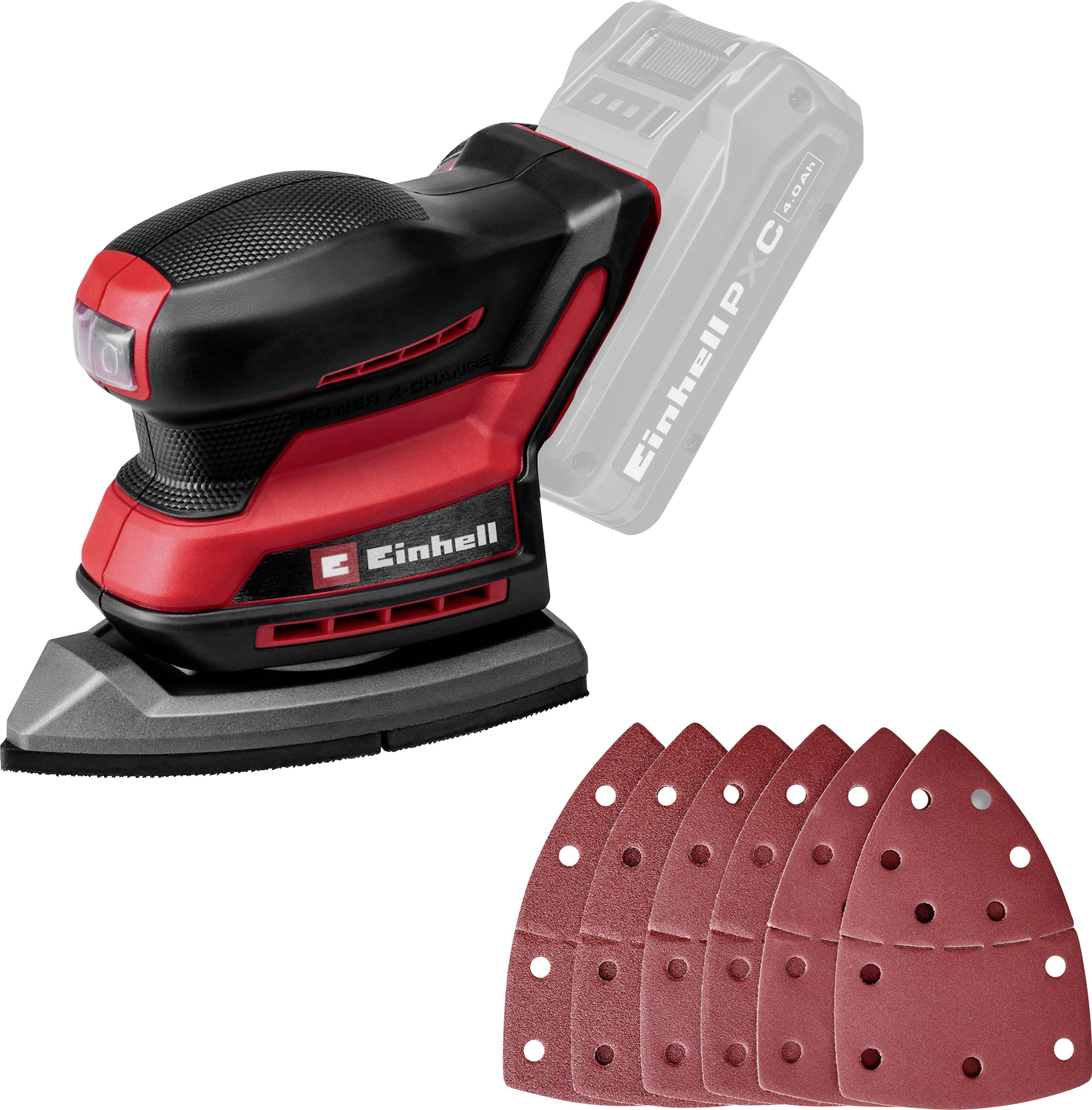 Ponceuse à détails sans fil Einhell noir et rouge avec un bloc-batterie décoloré montré derrière, plus une pile de feuilles de ponçage rouge ci-dessous.