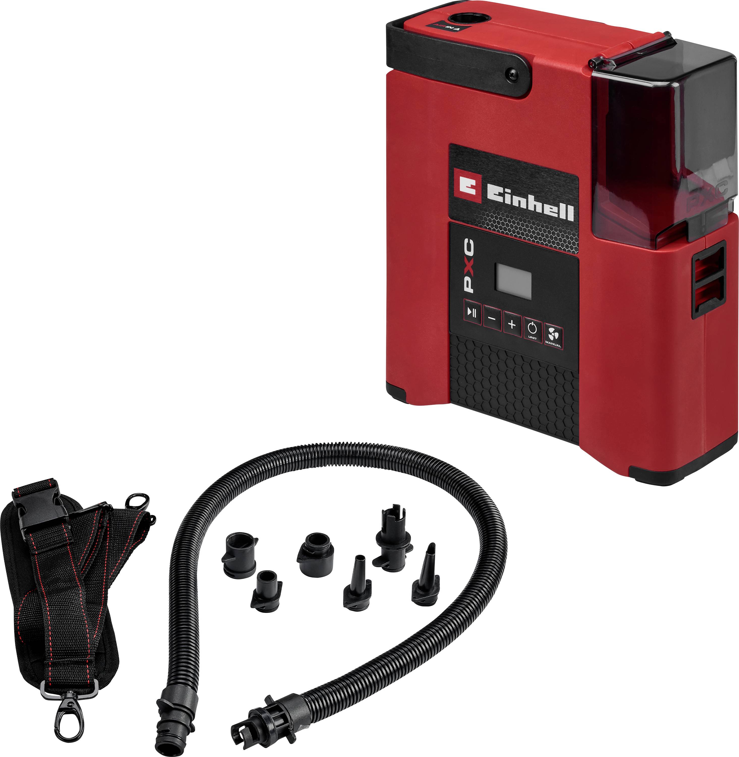 Compresseur d'air portable Einhell PXC rouge avec tuyau, buses et pochette de rangement sur fond blanc.