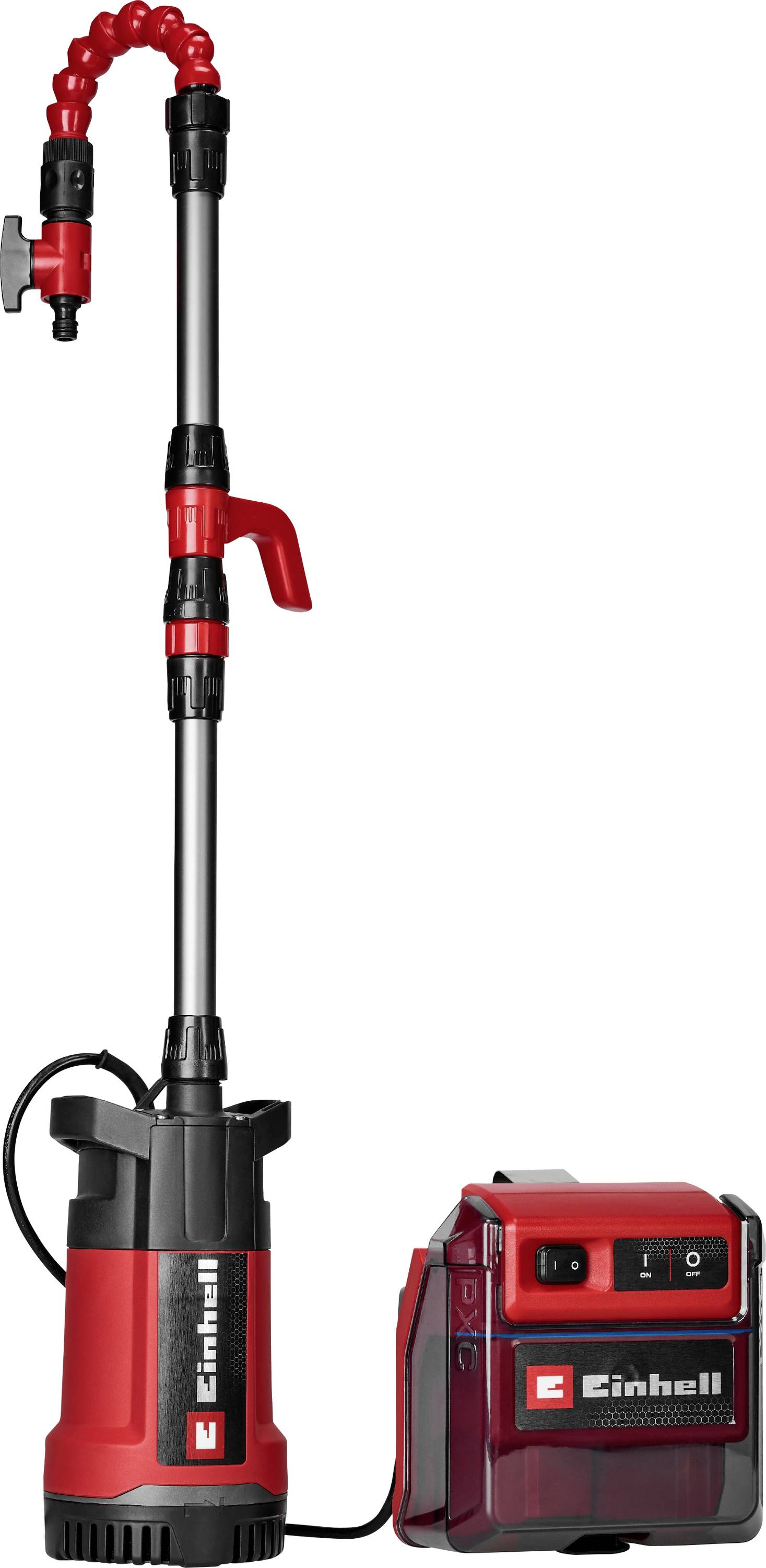 Pompe à eau sans fil avec tube d'aspiration télescopique et batterie rouge, présentée sur fond blanc.