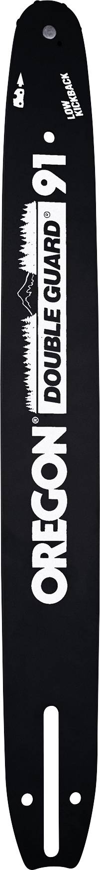 Barre de guide de tronçonneuse Black Oregon Double Guard avec marquage blanc et trous de montage, présentée verticalement sur un fond uni.