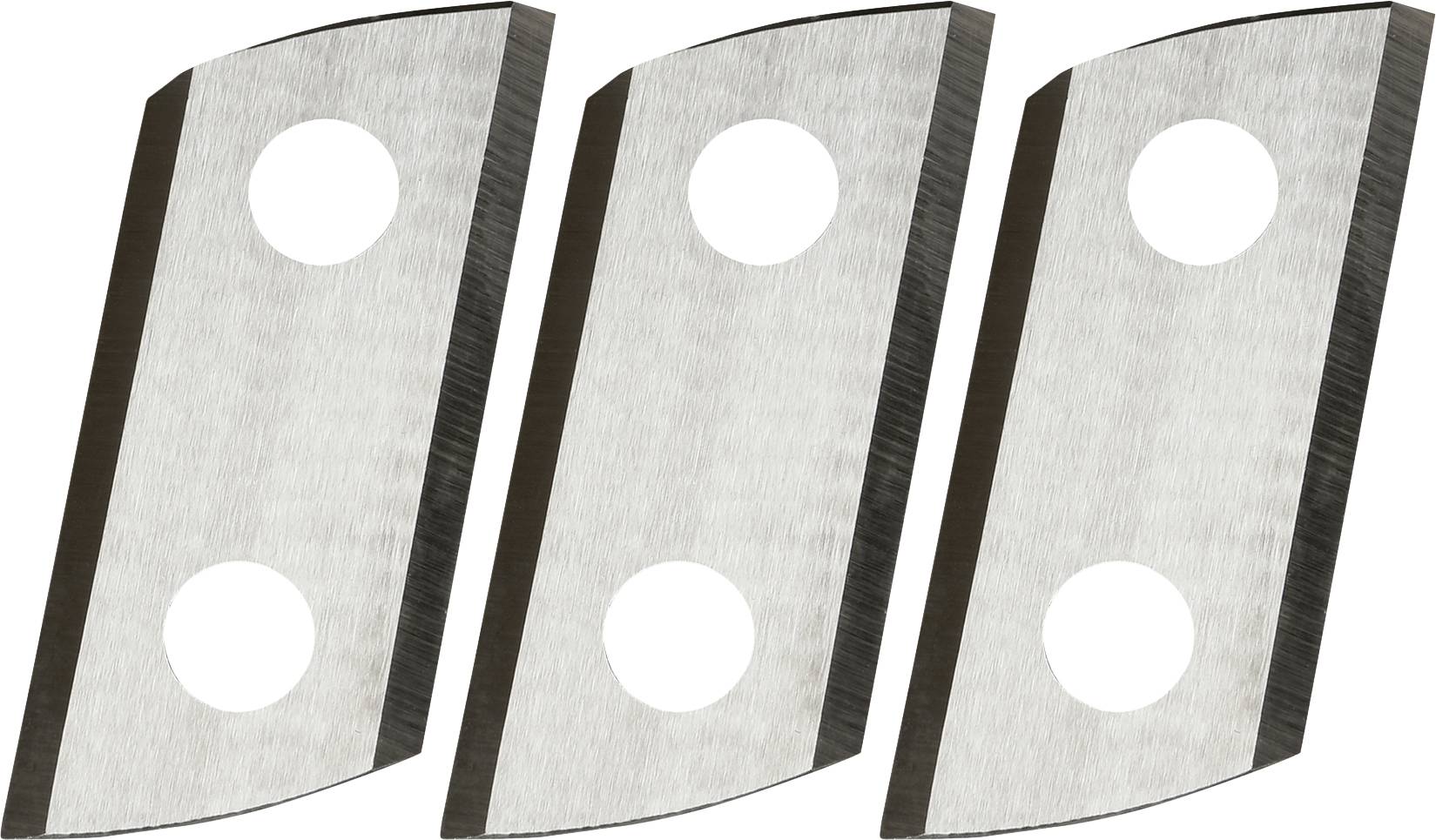 Trois lames ou plaques en métal brossé argenté avec deux trous circulaires chacune, présentées côte à côte sur un fond blanc.