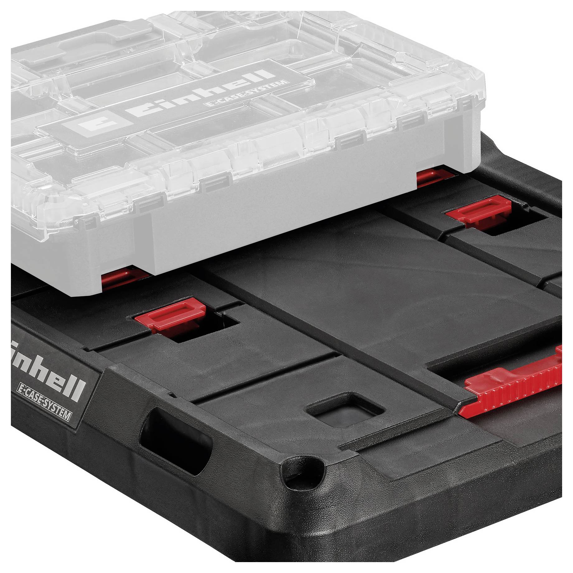 Mallette à outils Einhell noire avec un couvercle translucide monté sur le dessus, affichant des détails de fermeture rouge et des compartiments de rangement modulables.