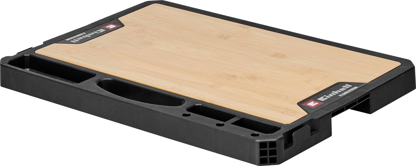 Établi portable avec un plateau en bois clair sur une base en plastique noir, présenté en vue en trois quarts.