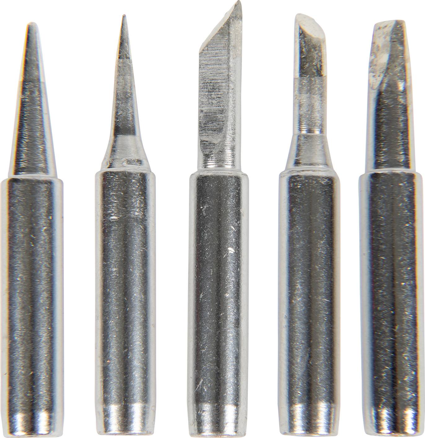 Cinq embouts de tournevis en métal avec différentes formes de pointe, y compris des extrémités plates, pointues et en forme de ciseau, présentés verticalement sur un fond blanc.