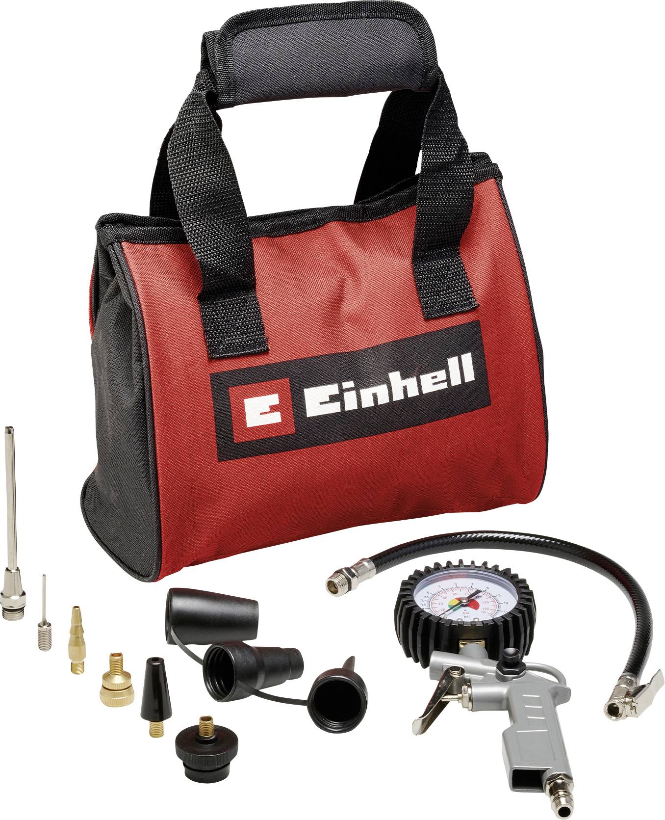 Sac de transport rouge Einhell contenant un kit de gonfleur de pneu à compresseur d'air avec manomètre, tuyau et plusieurs buses adaptateurs sur un fond blanc