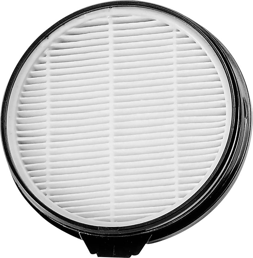 Filtre à air plissé blanc de forme cylindrique avec un cadre en plastique noir, présenté isolé sur un fond uni.