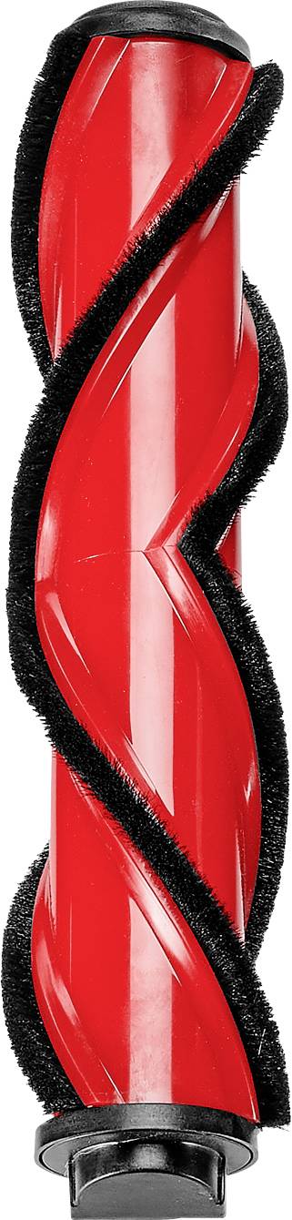 Un outil cylindrique en spirale rouge et noir ou une tête de brosse présenté verticalement sur un fond blanc.