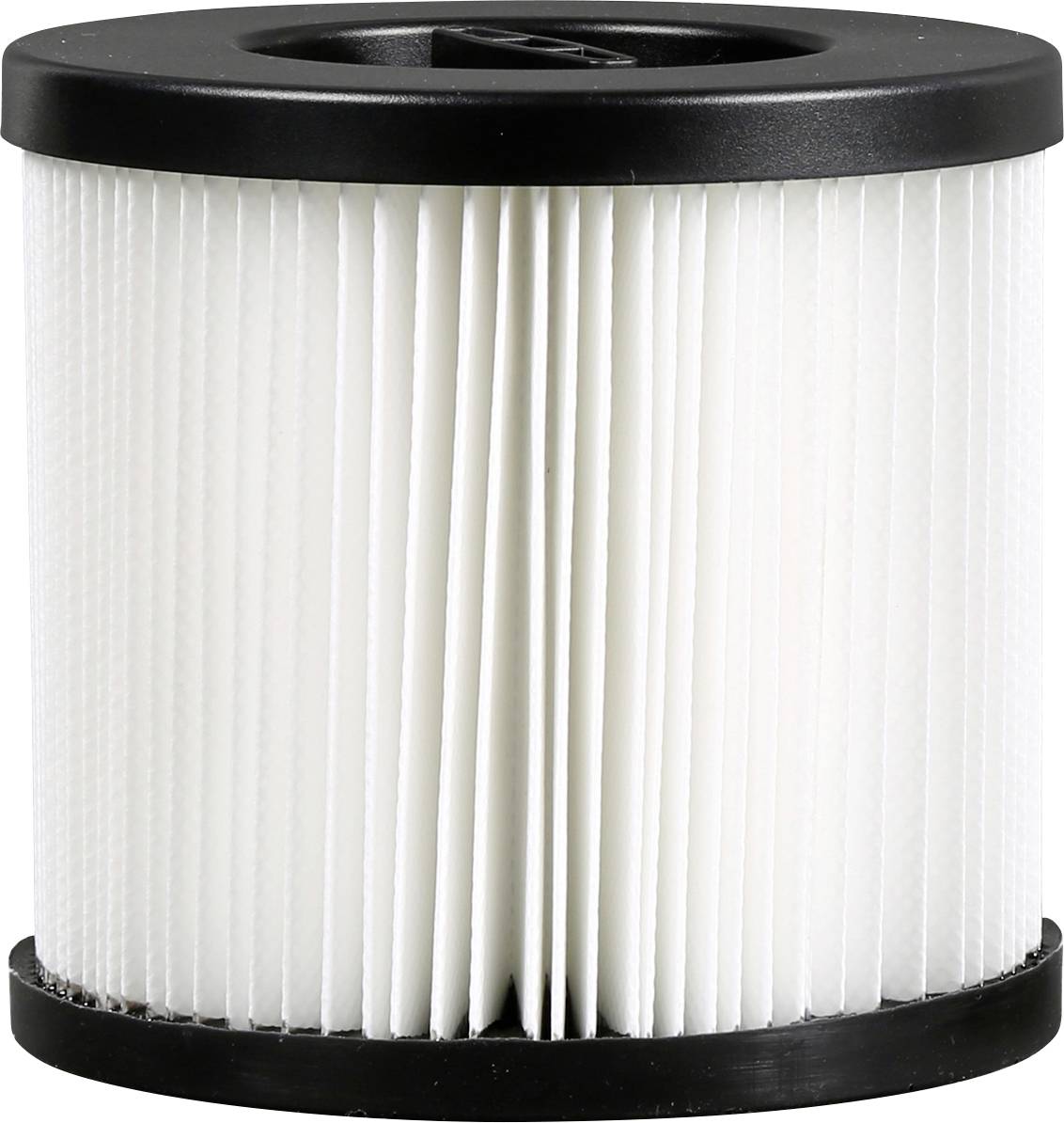 Cartouche de filtre à air cylindrique blanc plissé avec des capuchons noirs en haut et en bas, présenté sur un fond uni.