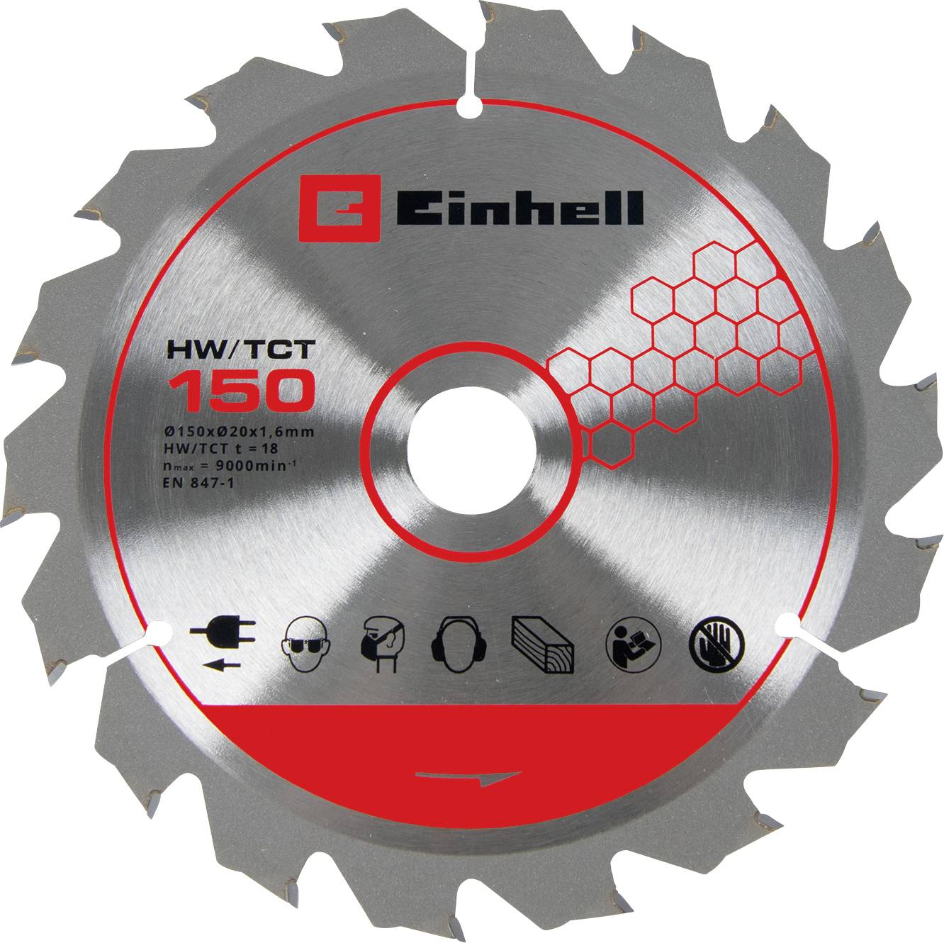 Lame de scie circulaire Einhell étiquetée « HW/TCT 150 » avec spécifications des dents et icônes de sécurité sur un fond rouge et argent.