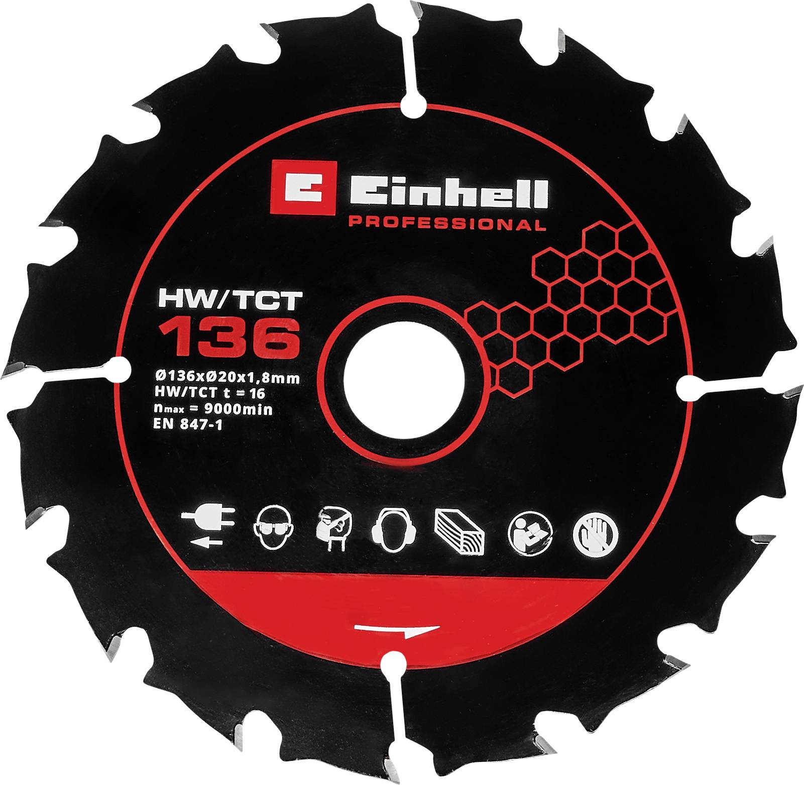 Lame de scie Einhell Professional HW/TCT 136 avec 36 dents, design circulaire noir et rouge avec icônes de sécurité et trou de montage central.