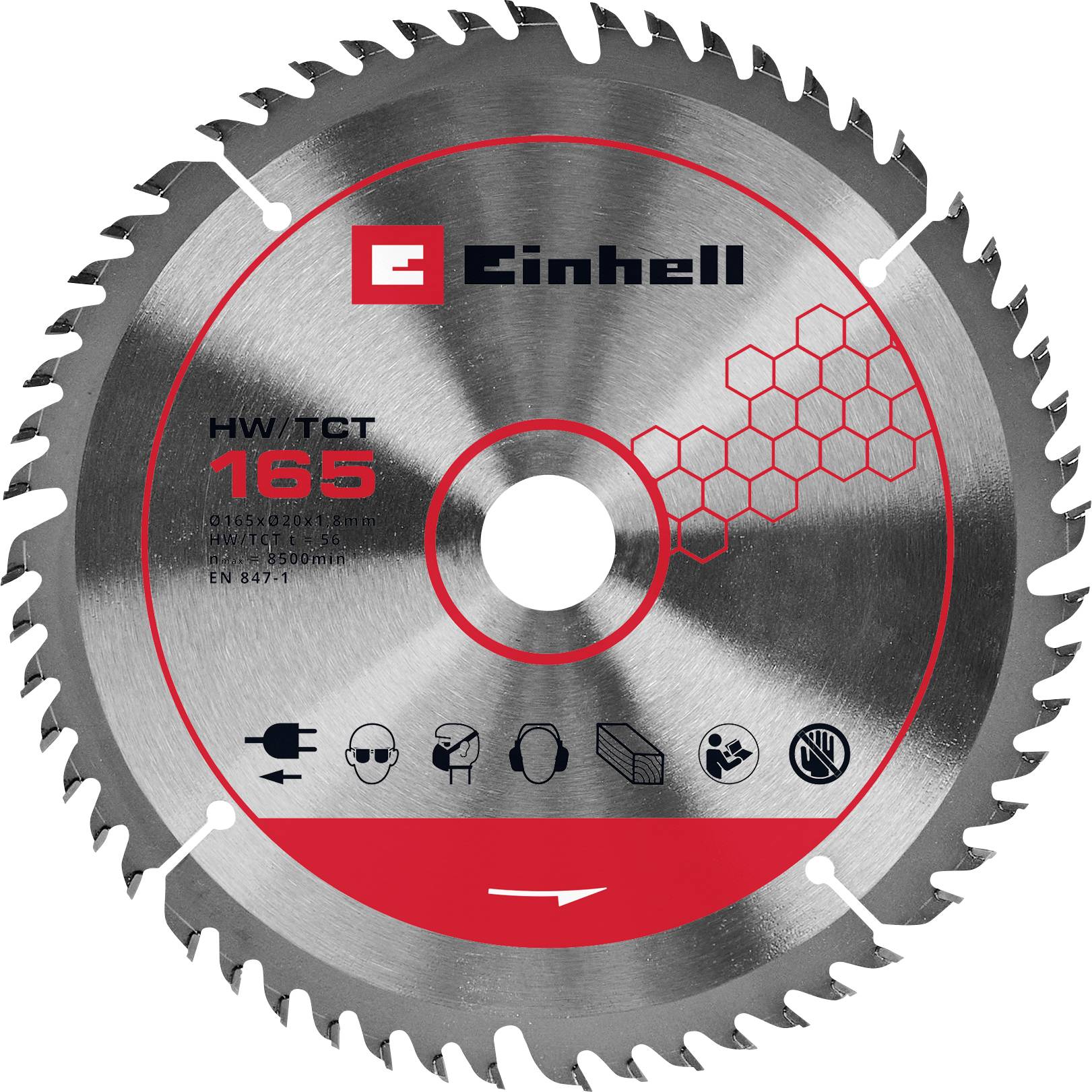 Lame de scie circulaire Einhell de 165 mm avec dents en carbure et icônes de sécurité sur une étiquette rouge et argent.