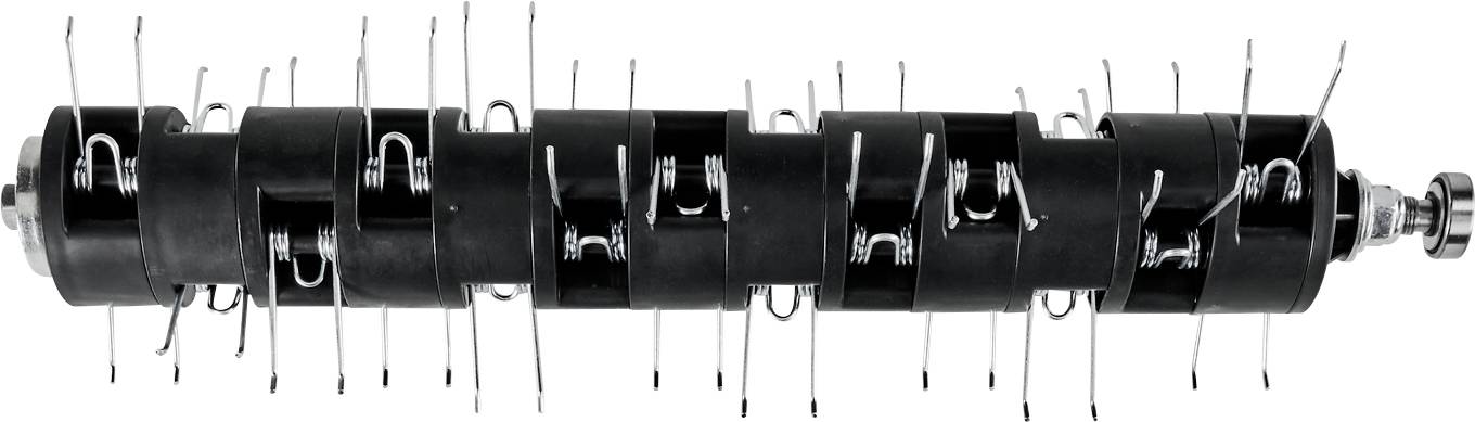 Rouleau cylindrique noir avec dents ou clips en fil métallique espacés régulièrement, montré en vue de profil sur un fond blanc.
