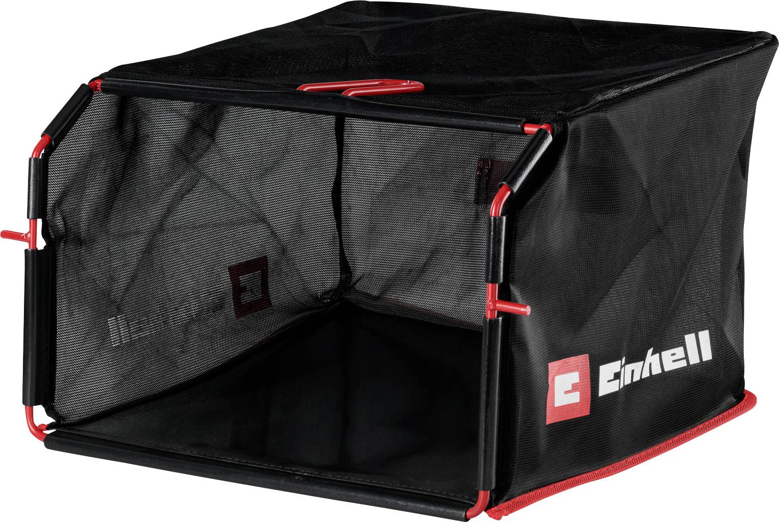 Abri de rangement ou enceinte de type tente maillée portable de couleur noire avec des accents de cadre rouge et le logo Einhell, montré ouvert à l'avant.