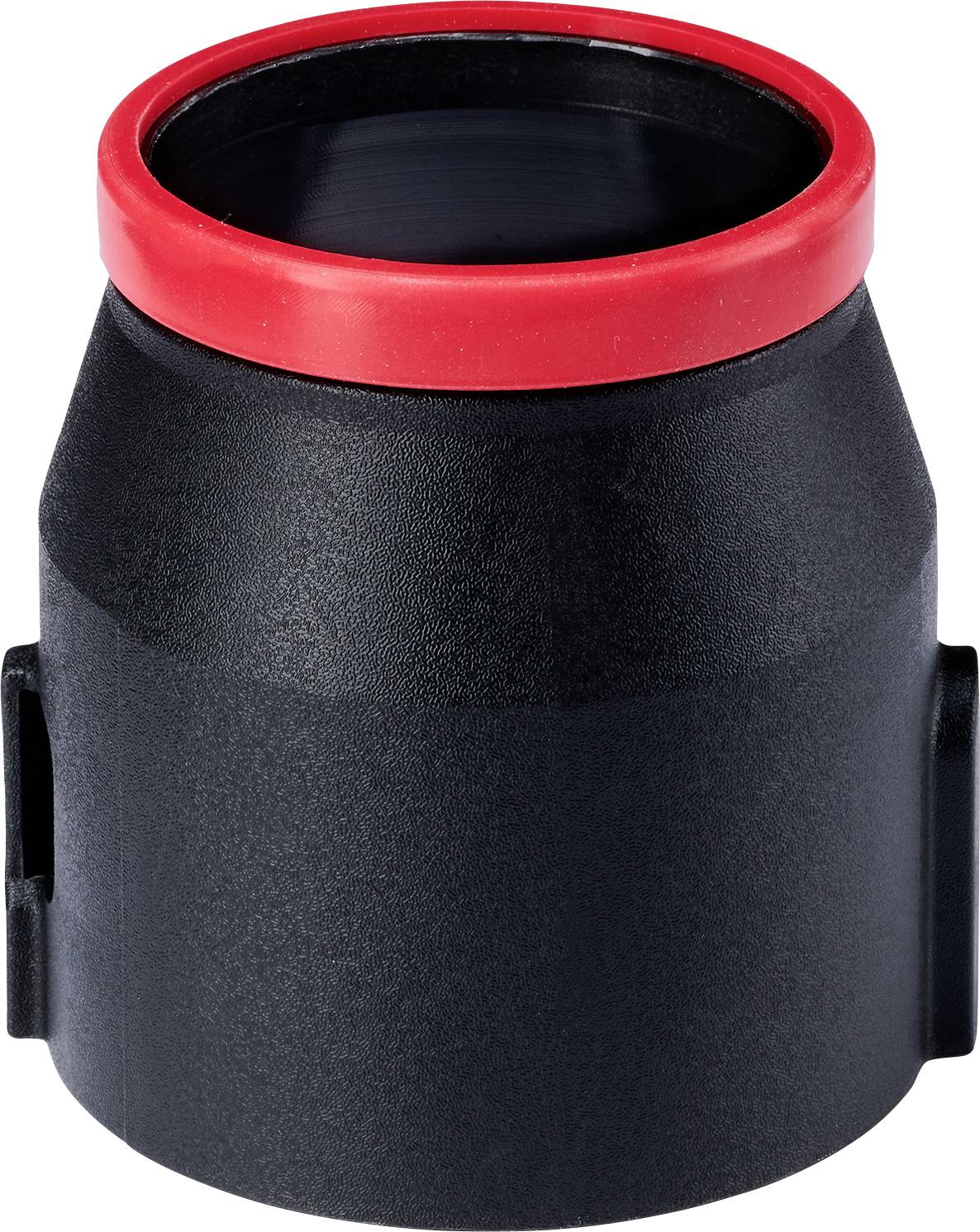 Raccord de tuyauterie en plastique noir avec un joint d'étanchéité rouge sur le dessus, présenté sur fond blanc.